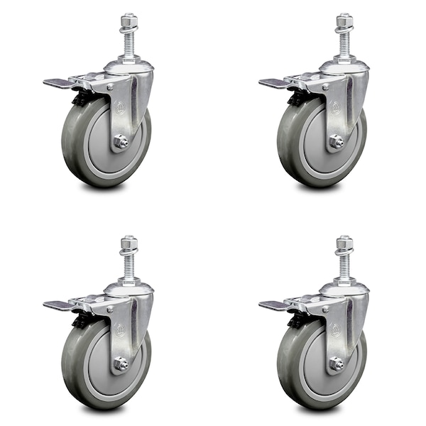 5 Inch Gray Polyurethane Swivel 3/8 Inch Stem Caster Set with Total Lock Brake